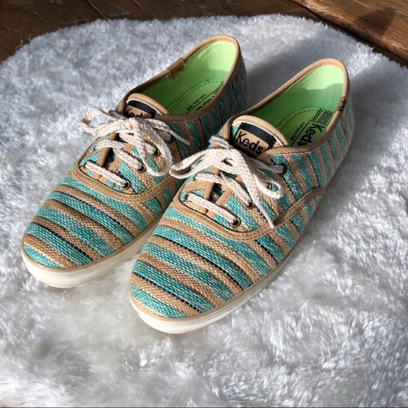 KEDS Aqua & Tan Jute Striped Sneakers - Picture 1 of 7